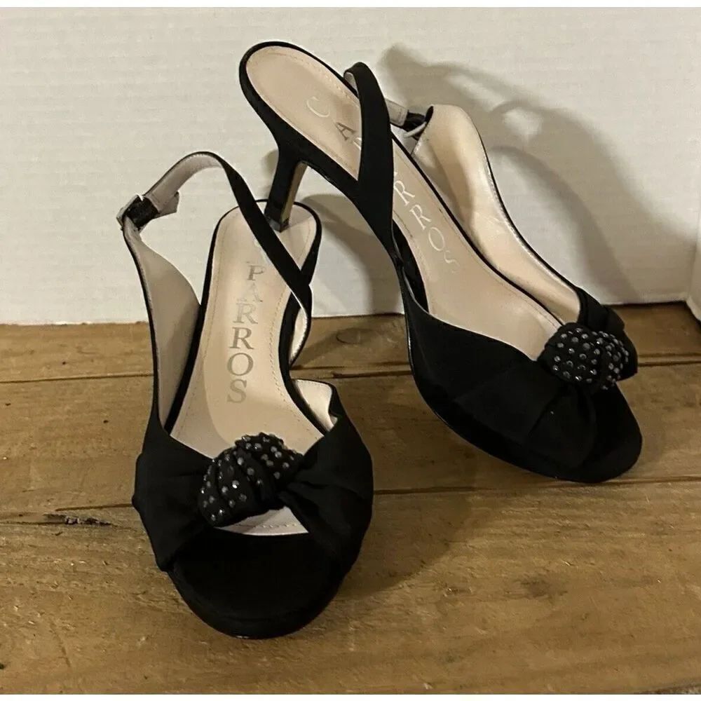 Caparros Black Studded Knot Detail Satin Dress Slingback Platform Heels Size 7B